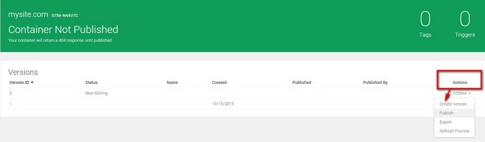 create version in google tag manager